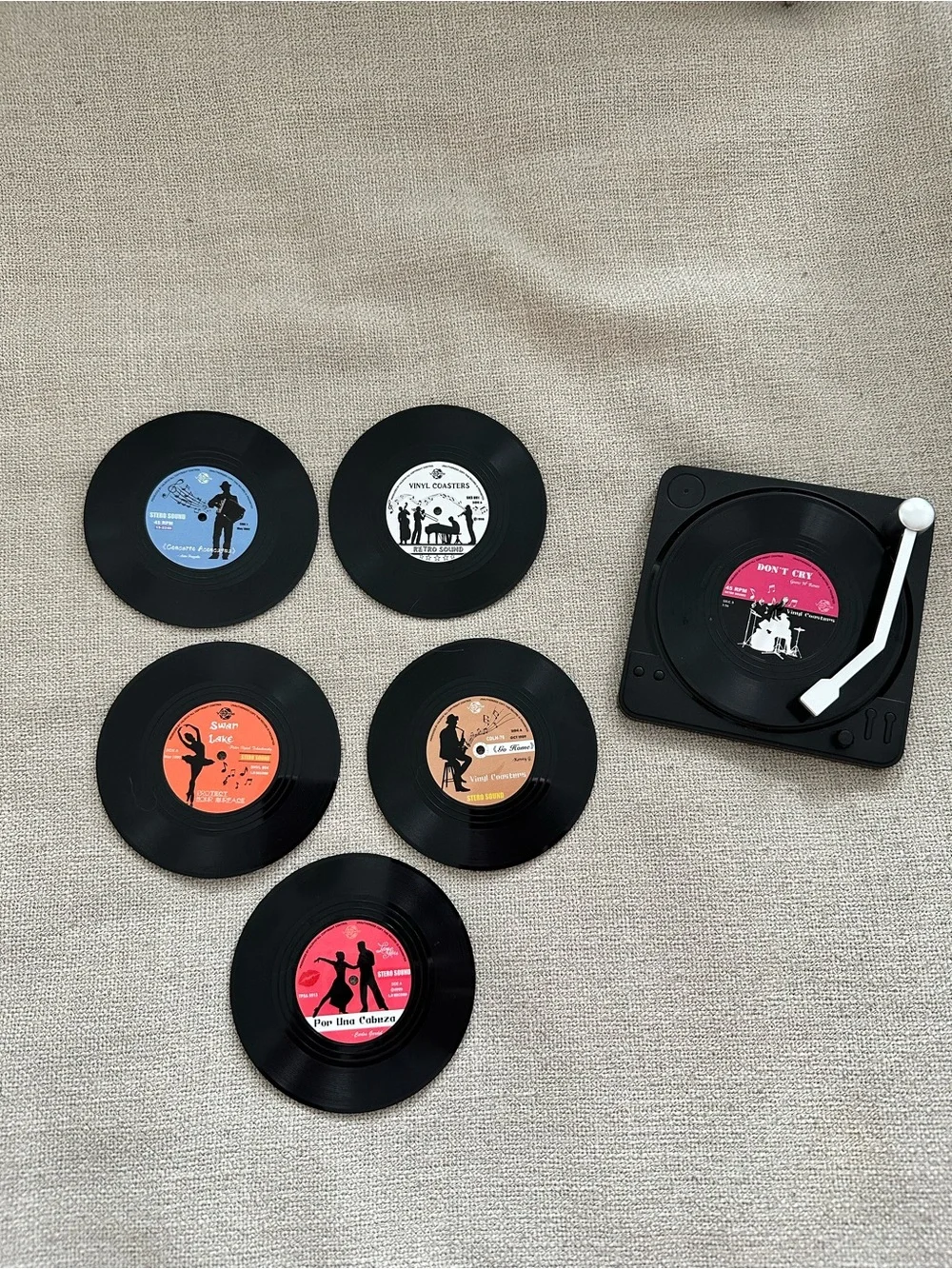Retro Mini Vinyl Record Coasters Set with Black Turntable Holder - Multi